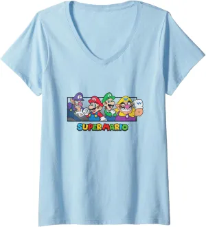 Womens Super Mario Group Shot Mario Luigi Wario Waluigi Retro V-Neck T-Shirt