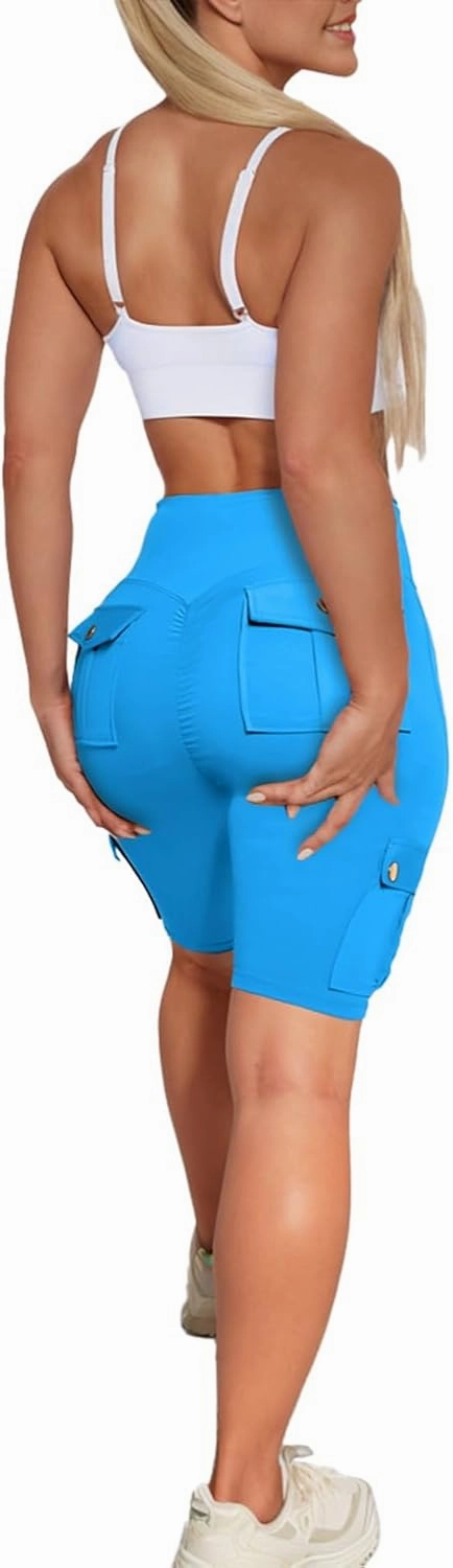 Womens Workout Shorts with Cargo Pockets High Waisted Scrunch Butt Gym Biker Booty Shorts