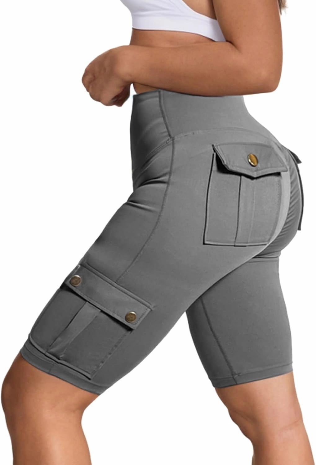 Womens Workout Shorts with Cargo Pockets High Waisted Scrunch Butt Gym Biker Booty Shorts