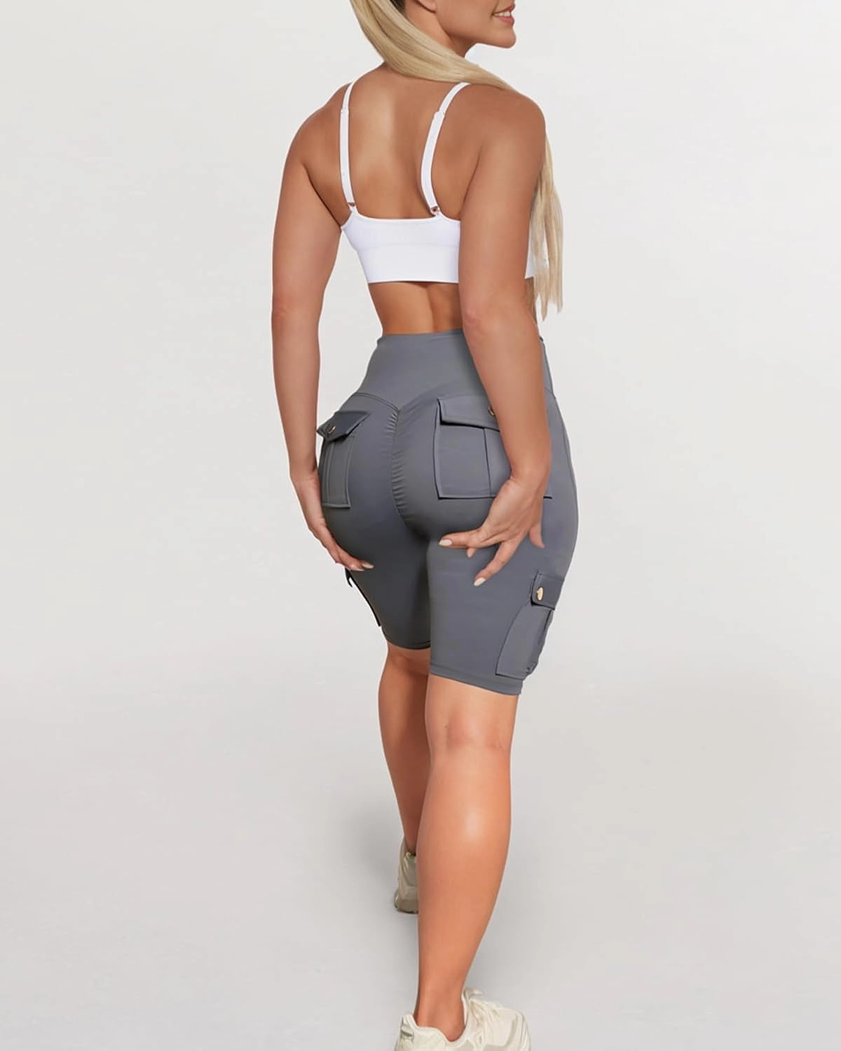 Womens Workout Shorts with Cargo Pockets High Waisted Scrunch Butt Gym Biker Booty Shorts