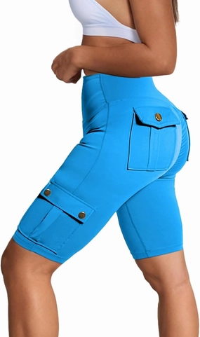 Womens Workout Shorts with Cargo Pockets High Waisted Scrunch Butt Gym Biker Booty Shorts