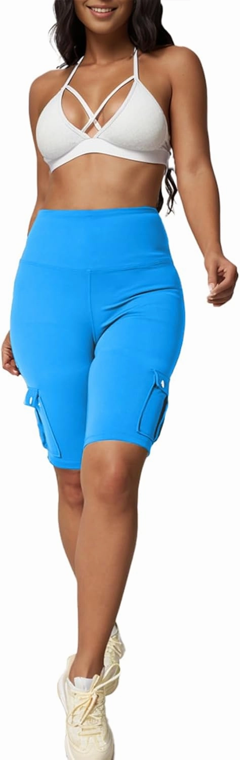 Womens Workout Shorts with Cargo Pockets High Waisted Scrunch Butt Gym Biker Booty Shorts