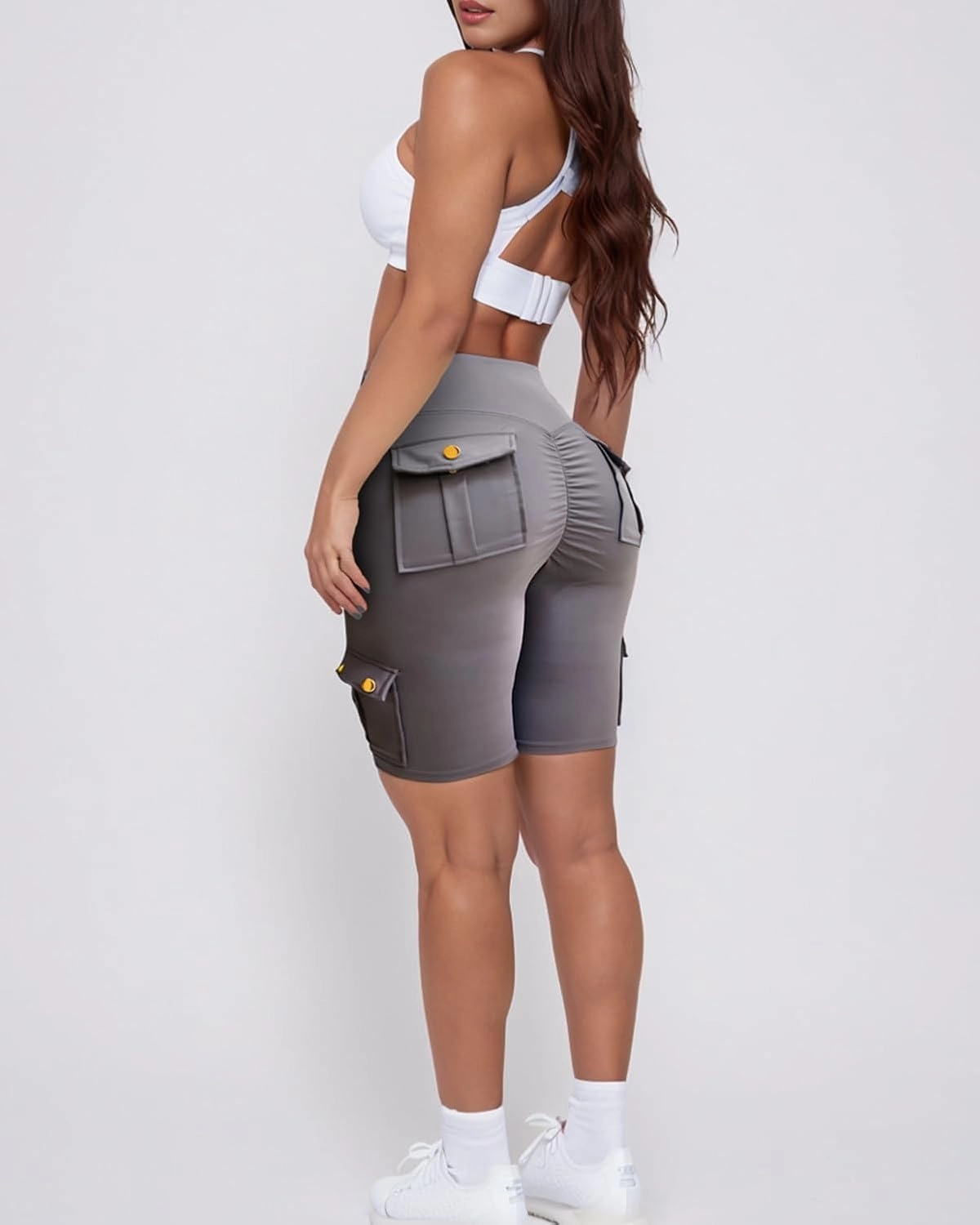 Womens Workout Shorts with Cargo Pockets High Waisted Scrunch Butt Gym Biker Booty Shorts