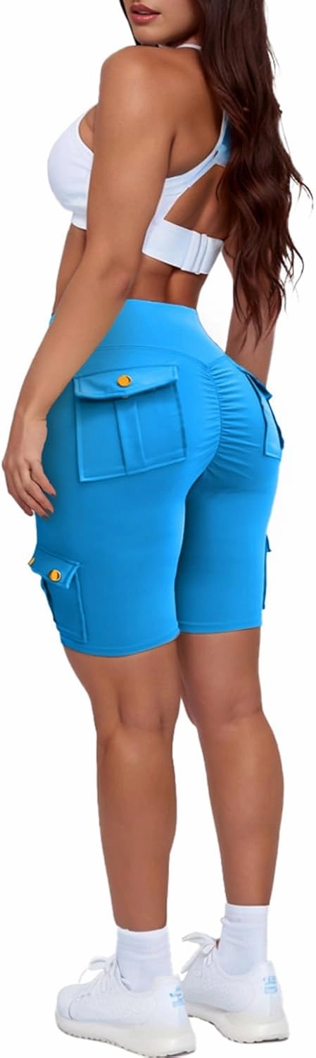 Womens Workout Shorts with Cargo Pockets High Waisted Scrunch Butt Gym Biker Booty Shorts