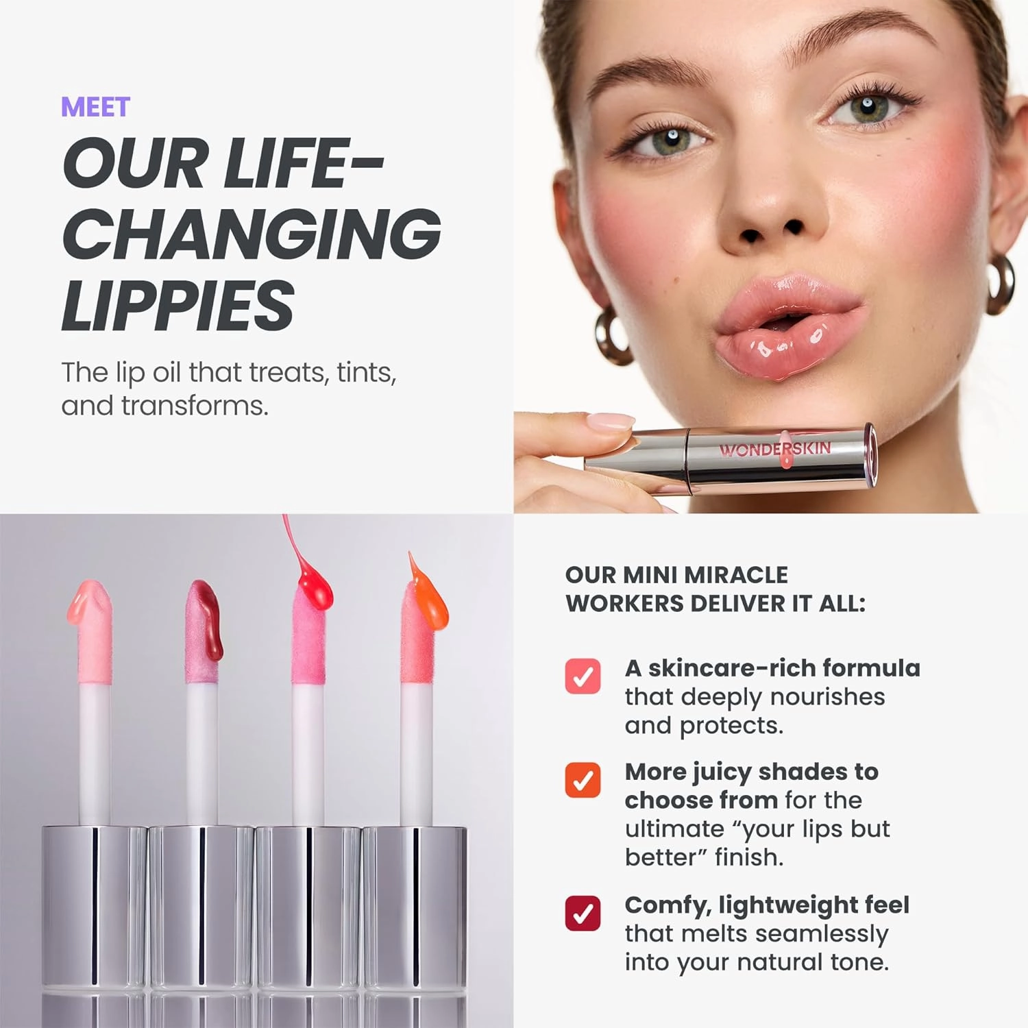 Wonderskin Lip Rehab Serum Oil - Tinted Lip Oil for Women, Hydrating, Moisturizing, and Non-Sticky Red Tint Serum for Dry Lips (Amour)