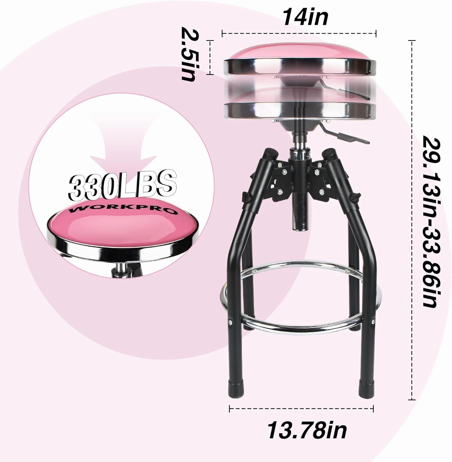 WorkPro Heavy Duty Adjustable Hydraulic Shop Stool,Garage Bar Stool, 29in to 33. 86in, 330-Pound Capacity, Pink