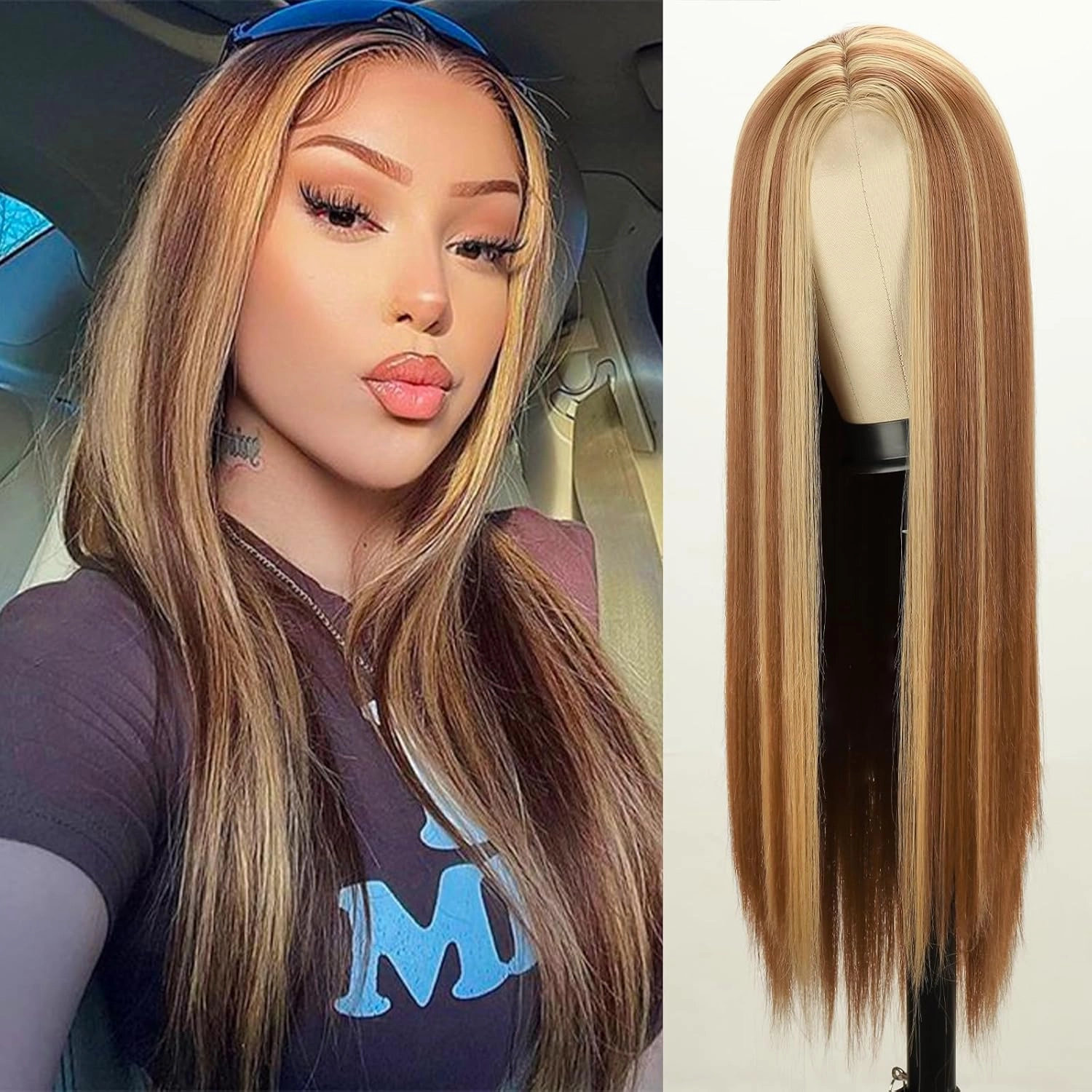 Xinran Highlights Blonde Ombre Wigs for Women，Long Straight Brown Blonde Mixed Wig Small Area Lace Front，Synthetic Natural Hairline Replacement Daily Use 30 Inch