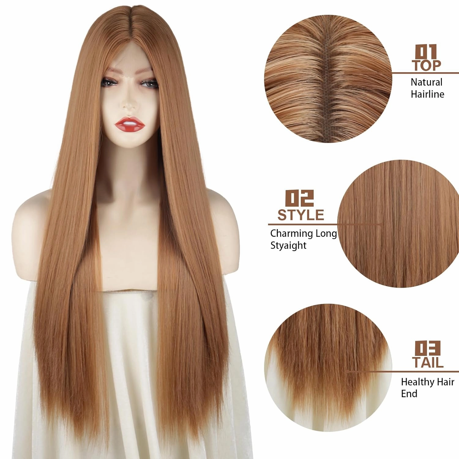 Xinran Long Brown Wigs For Women Middle Part Hairline Synthetic Full Wig Natural Looking Daily Party Wear Full Wig 30 Inch for Cosplay Halloween Party