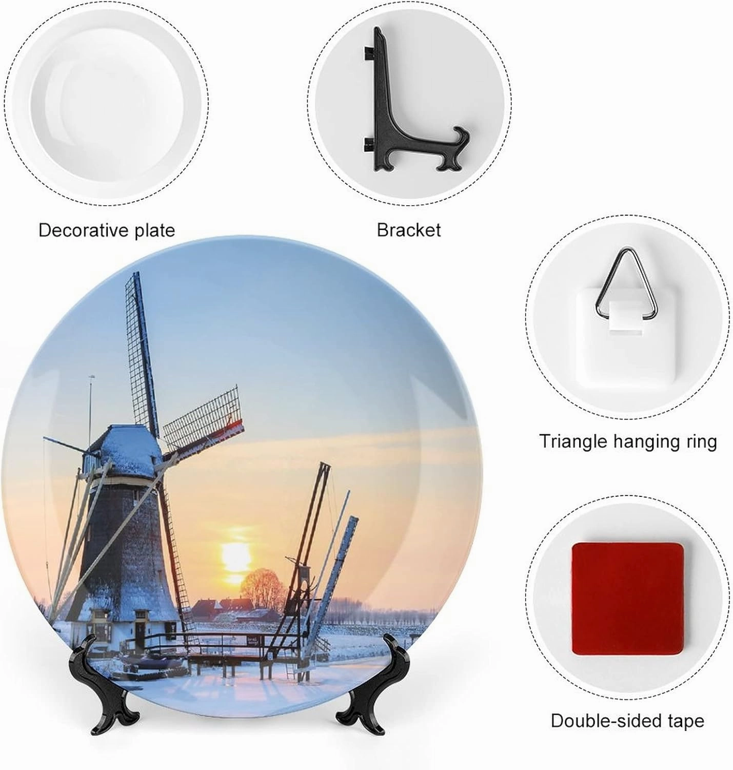 XISUNYA 6 Inch Decorative Plate, Windmill Tableware Plate, Winter View Dutch Windmill Covered in Snow Print Ceramic Wall Hanging for Home & Office Wall Hanging Decor, Baby Blue Peach