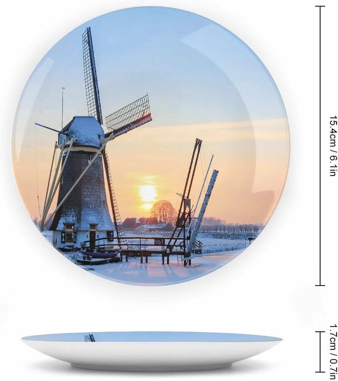 XISUNYA 6 Inch Decorative Plate, Windmill Tableware Plate, Winter View Dutch Windmill Covered in Snow Print Ceramic Wall Hanging for Home & Office Wall Hanging Decor, Baby Blue Peach