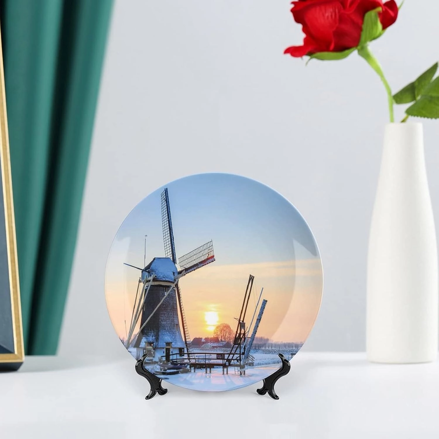 XISUNYA 6 Inch Decorative Plate, Windmill Tableware Plate, Winter View Dutch Windmill Covered in Snow Print Ceramic Wall Hanging for Home & Office Wall Hanging Decor, Baby Blue Peach
