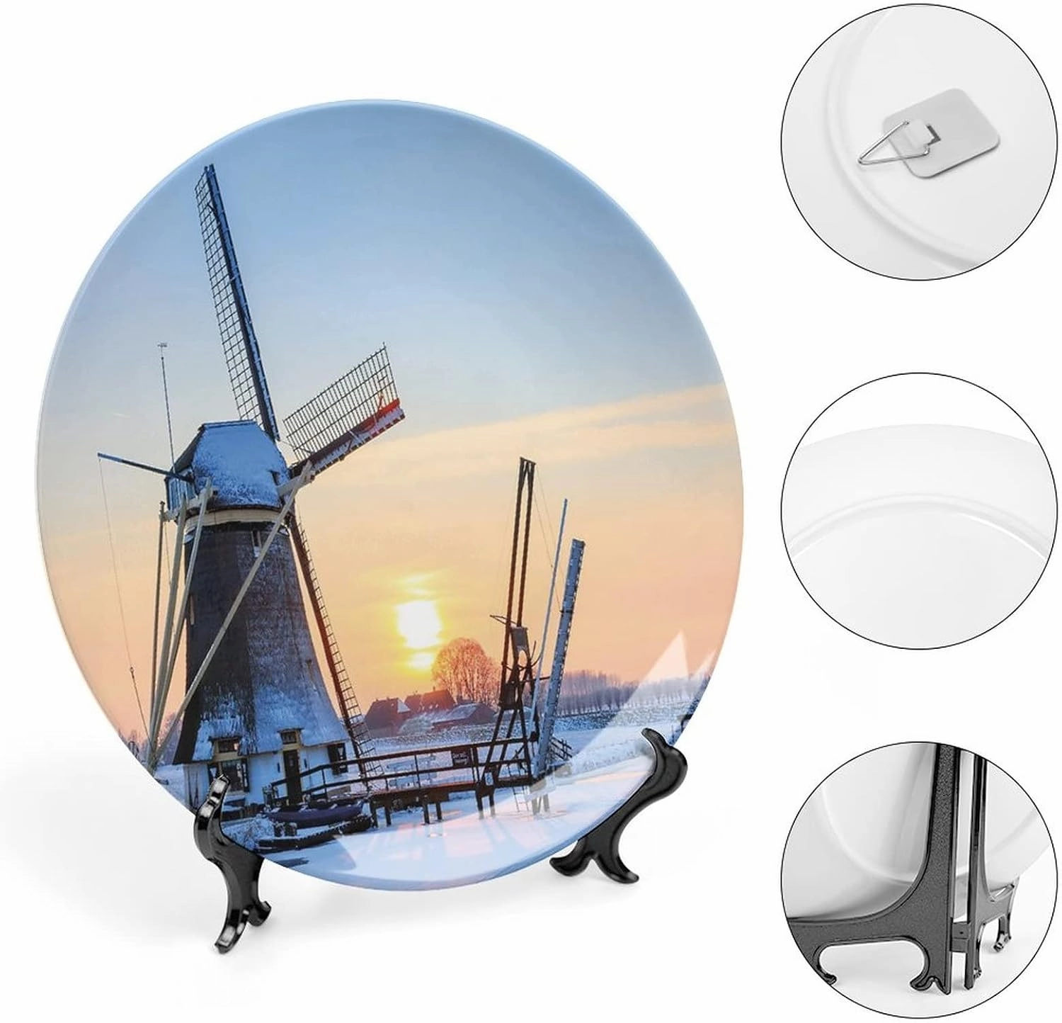 XISUNYA 6 Inch Decorative Plate, Windmill Tableware Plate, Winter View Dutch Windmill Covered in Snow Print Ceramic Wall Hanging for Home & Office Wall Hanging Decor, Baby Blue Peach