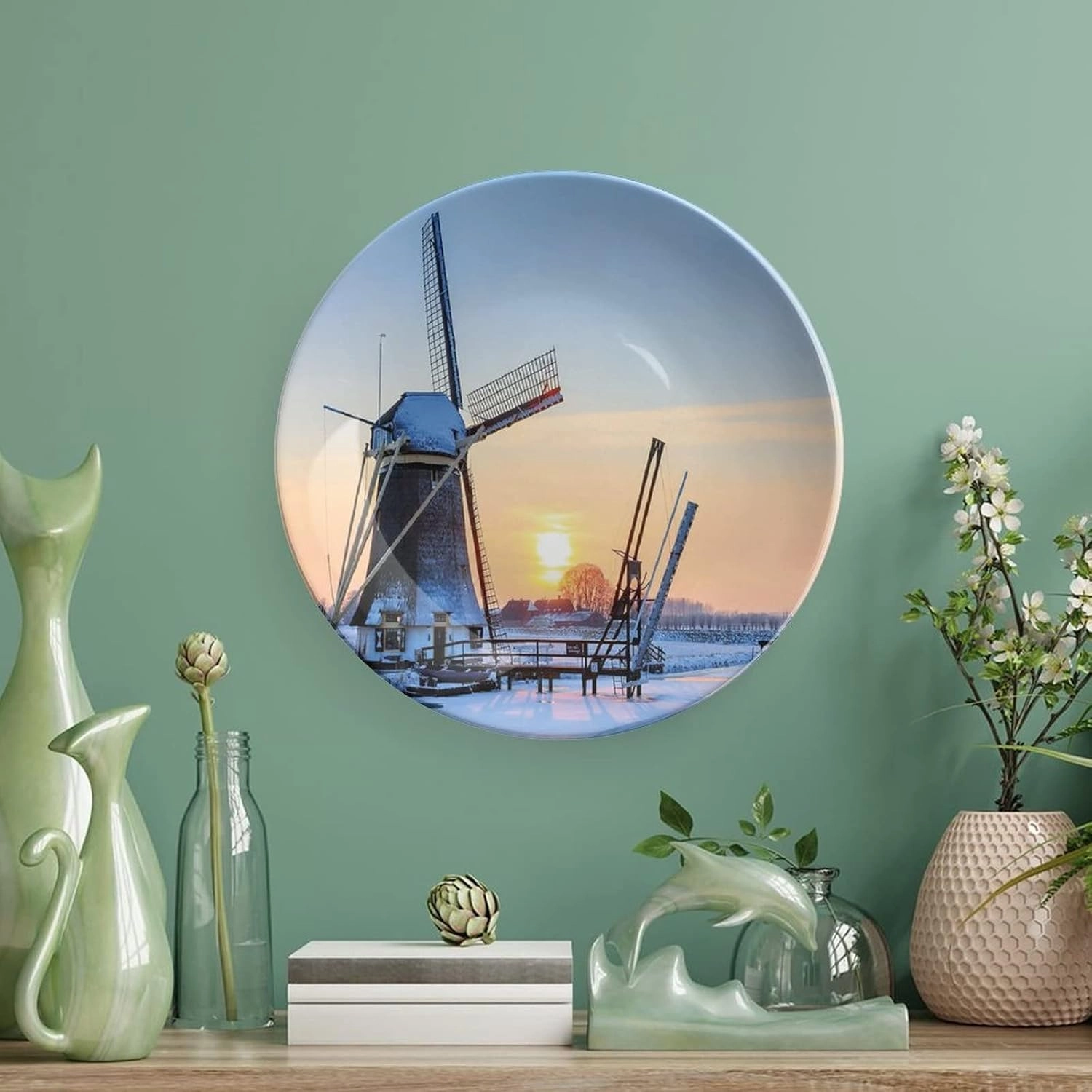 XISUNYA 6 Inch Decorative Plate, Windmill Tableware Plate, Winter View Dutch Windmill Covered in Snow Print Ceramic Wall Hanging for Home & Office Wall Hanging Decor, Baby Blue Peach