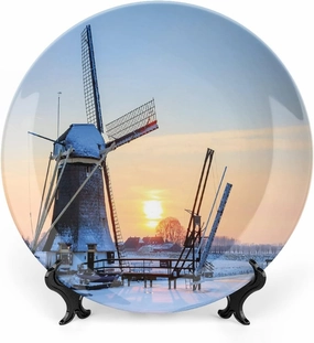XISUNYA 6 Inch Decorative Plate, Windmill Tableware Plate, Winter View Dutch Windmill Covered in Snow Print Ceramic Wall Hanging for Home & Office Wall Hanging Decor, Baby Blue Peach
