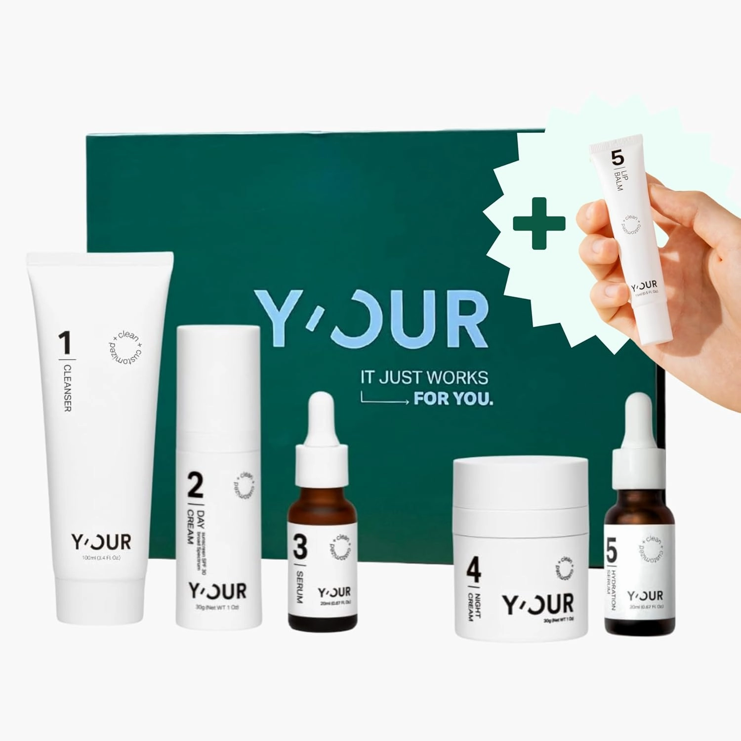 Y'OUR Hydrating Skincare System | Lip Balm Gift Inside | Moisturizing Cleanser, Antioxidant Day Cream, Calming Serum, Revitalizing Night Cream, & Intensive Hydration Serum
