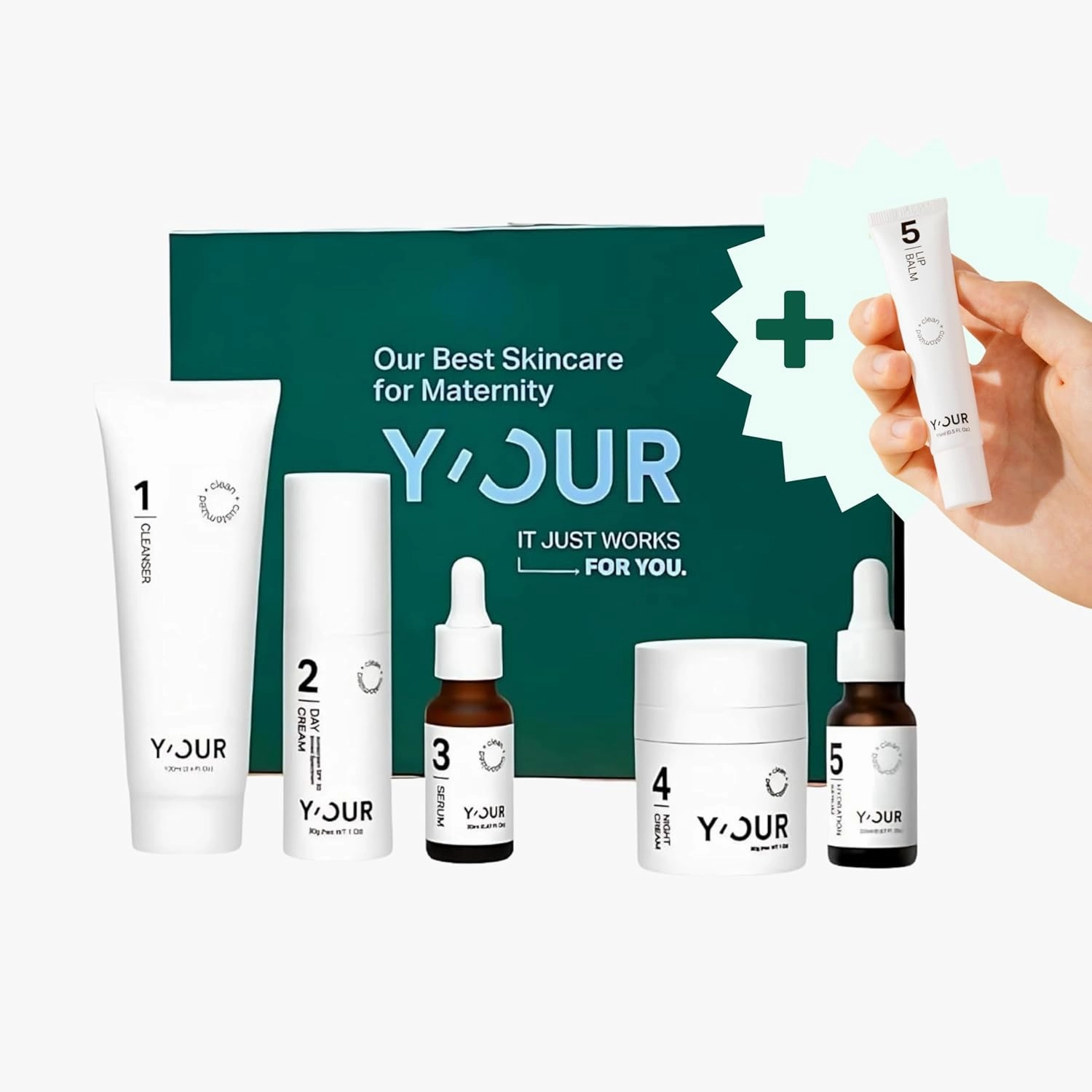 Y’OUR Non-Toxic, Pregnant-Safe Skincare Regimen: Lip Balm Gift Inside; Cleanser with Natural Extracts, Day Cream, Repairing Serum, Resurfacing Night Cream & Hydration Serum. Made in USA