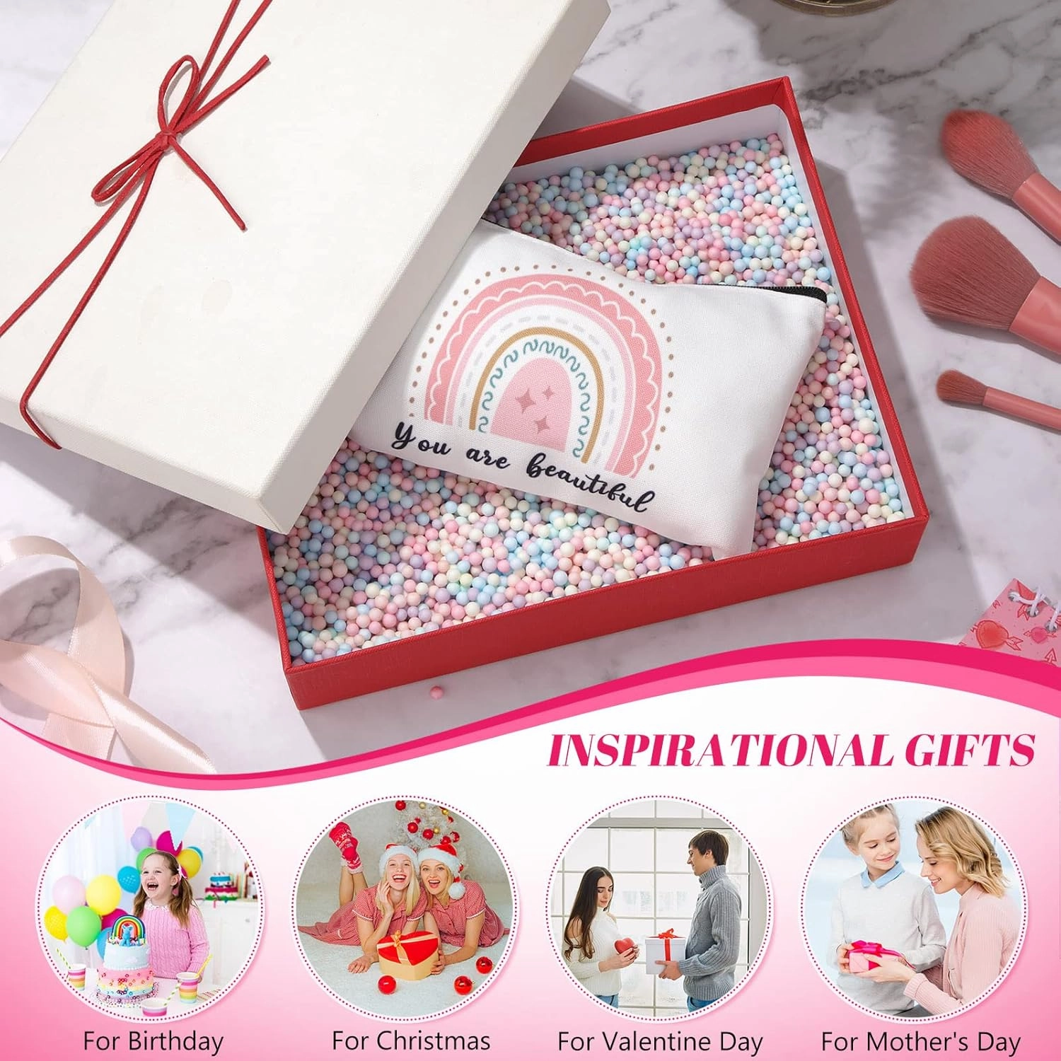 Yahenda 16 Pieces Cosmetic Makeup Bag Bulk for Women Inspirational Zipper Pouch You Are Amazing Loved Beautiful Kind Pencil Pouch Rainbow Boho Lipstick Case for Nurse Teacher Graduation Birthday Gifts