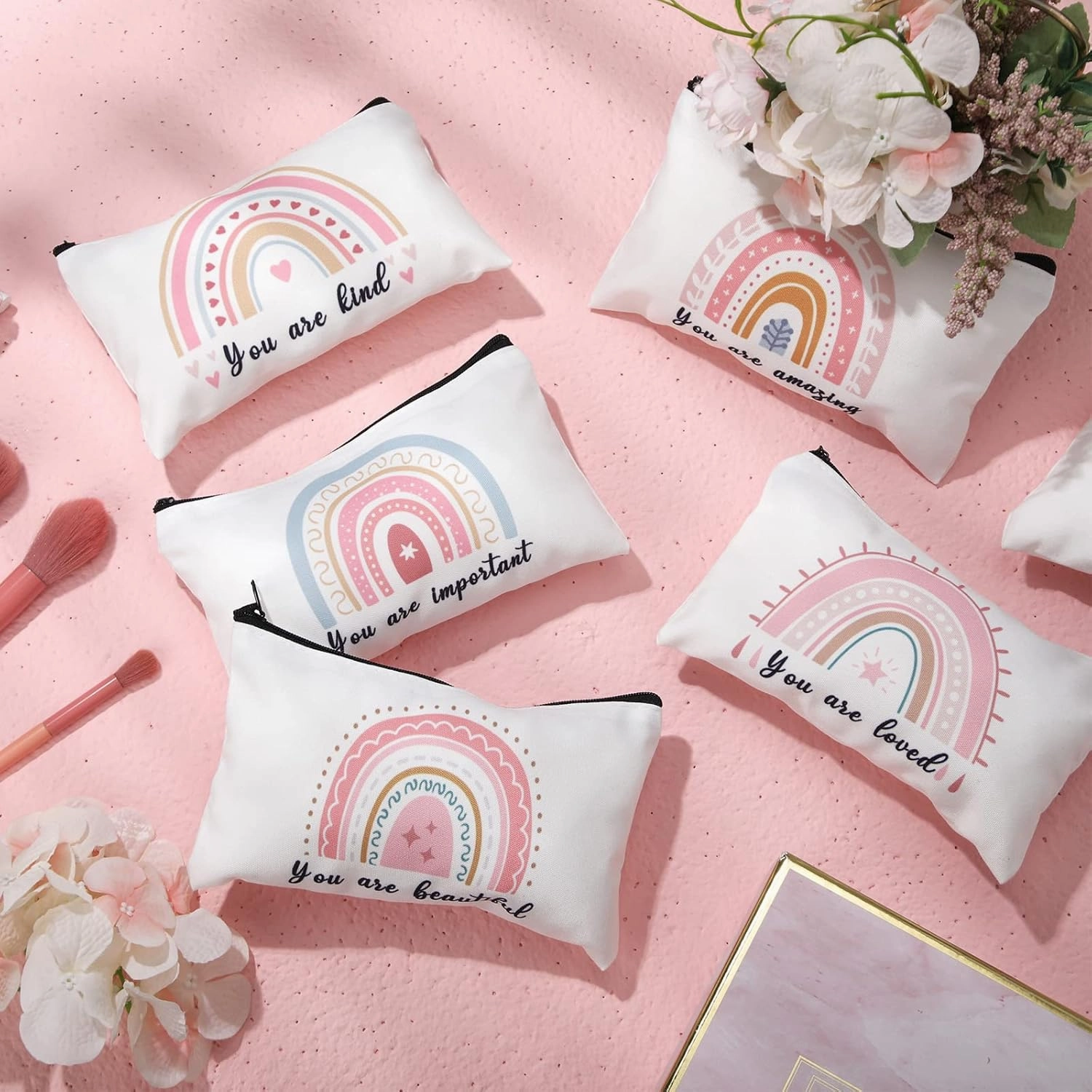 Yahenda 16 Pieces Cosmetic Makeup Bag Bulk for Women Inspirational Zipper Pouch You Are Amazing Loved Beautiful Kind Pencil Pouch Rainbow Boho Lipstick Case for Nurse Teacher Graduation Birthday Gifts