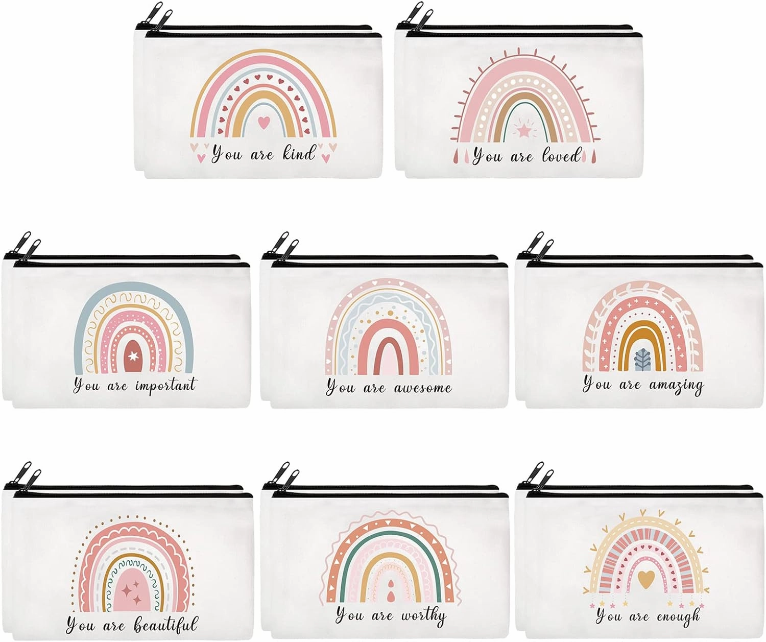 Yahenda 16 Pieces Cosmetic Makeup Bag Bulk for Women Inspirational Zipper Pouch You Are Amazing Loved Beautiful Kind Pencil Pouch Rainbow Boho Lipstick Case for Nurse Teacher Graduation Birthday Gifts