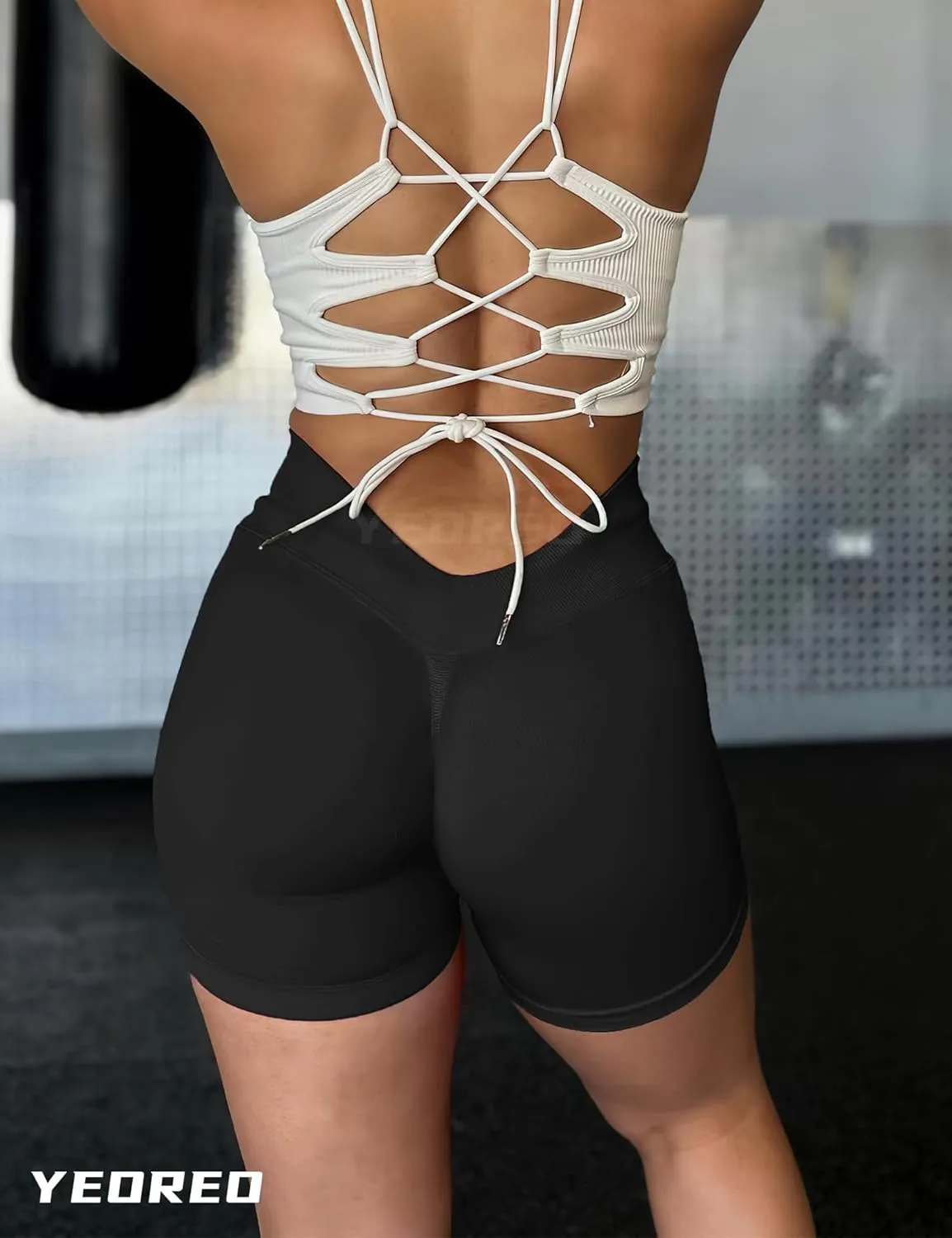 YEOREO Workout Scrunch Shorts Women V Back Gym Butt Lifting Liz High Waisted Seamless Shorts