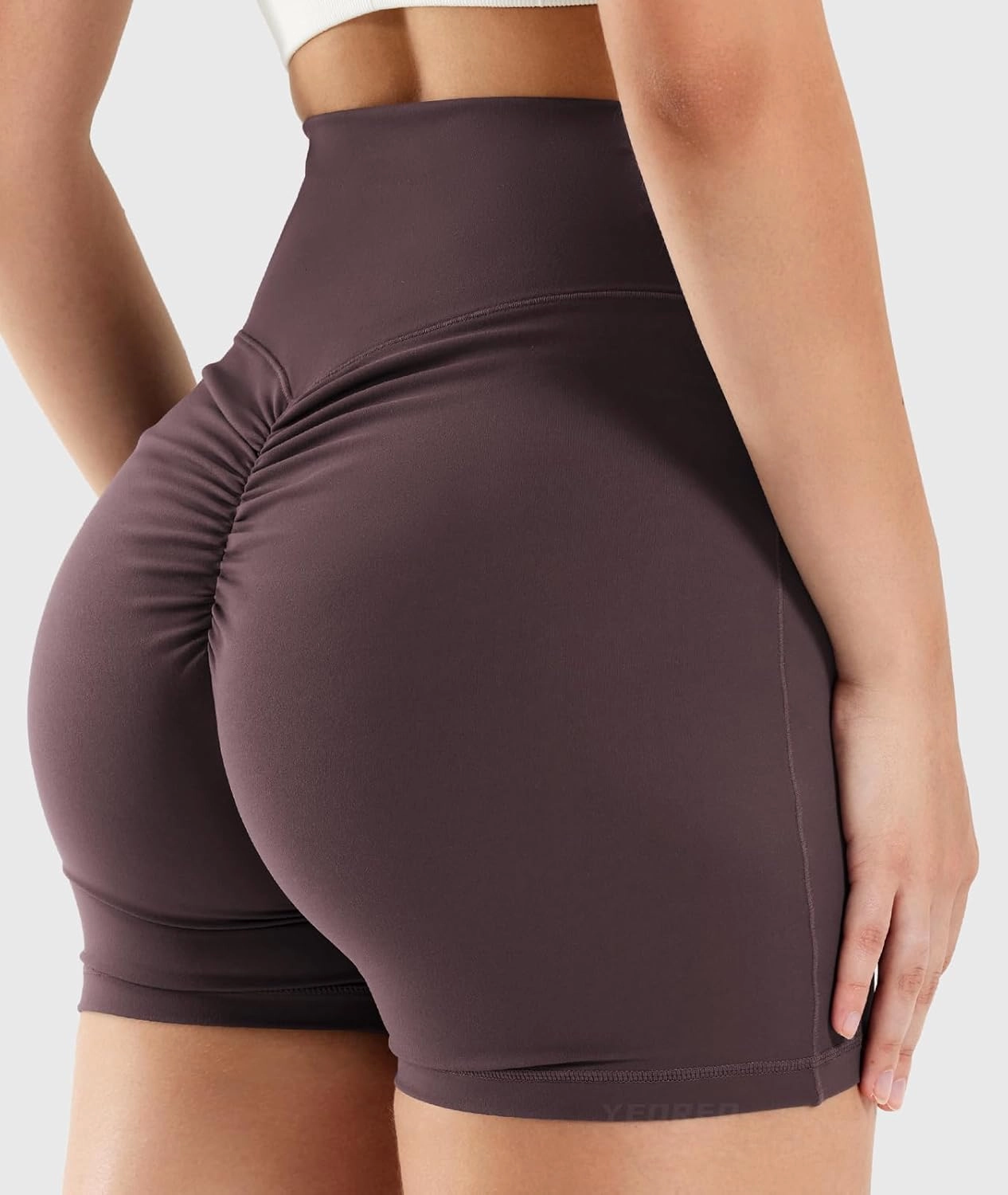 YEOREO Workout Biker Shorts for Women 4.2" No Front Seam Ericane Scrunch Butt Lifting V High Waist Drawstring Gym Yoga Shorts