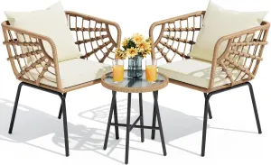 YITAHOME Wicker 3-Piece Outdoor Bistro Set, All-Weather Patio Conversation Set for Balcony, Backyard, Pool, Porch, Deck, Outdoor Sectional Furniture Set with Table & Cushions - Beige