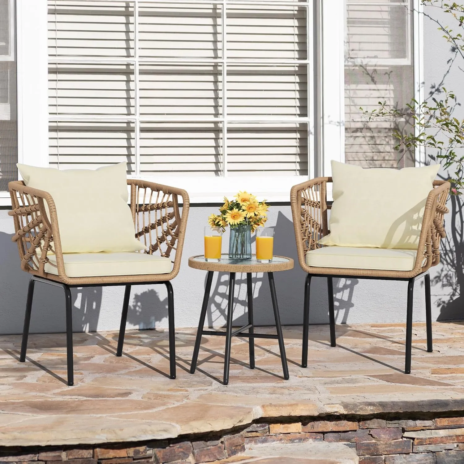 YITAHOME Wicker 3-Piece Outdoor Bistro Set, All-Weather Patio Conversation Set for Balcony, Backyard, Pool, Porch, Deck, Outdoor Sectional Furniture Set with Table & Cushions - Beige