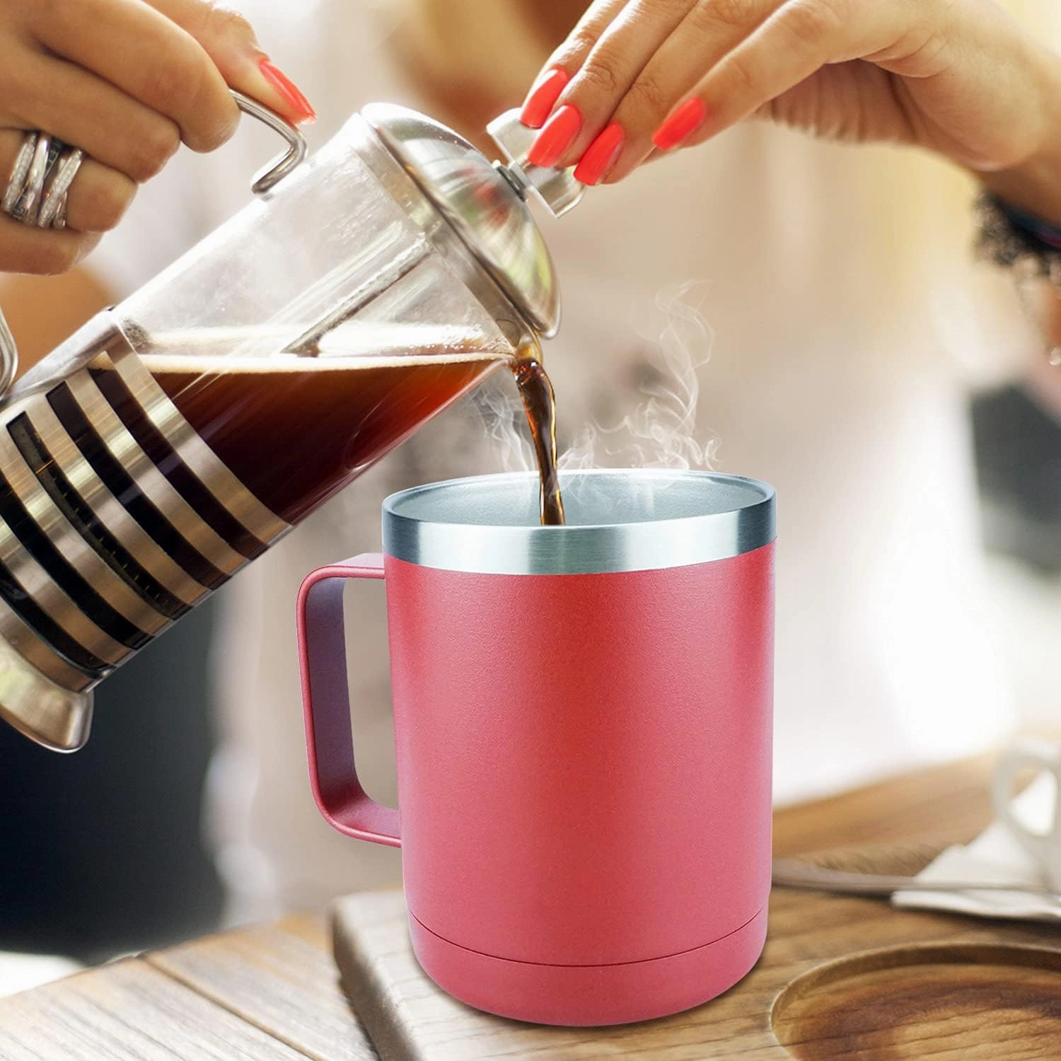 Yoelike 14oz Insulated Travel Mug with Handle and Lid, Stainless Steel, Dishwasher Safe, Powder Coated, Vacuum Insulated, Keep Hot/Cold Longer Coffee Tumbler Cup Red