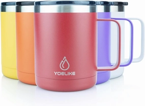 Yoelike 14oz Insulated Travel Mug with Handle and Lid, Stainless Steel, Dishwasher Safe, Powder Coated, Vacuum Insulated, Keep Hot/Cold Longer Coffee Tumbler Cup Red