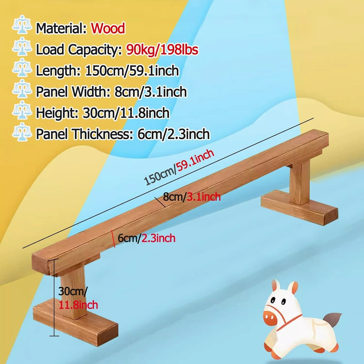 YXXSDP Wooden Balance Beams for Kids/Gymnastics at Home, Extra-Firm 59 79 118 Inch Long Floor Walking Beams, Anti-Skid Gymnastics Equipment, Load 198lbs(Size:150cm(59.1in) long/8cm(3.1in) Width)