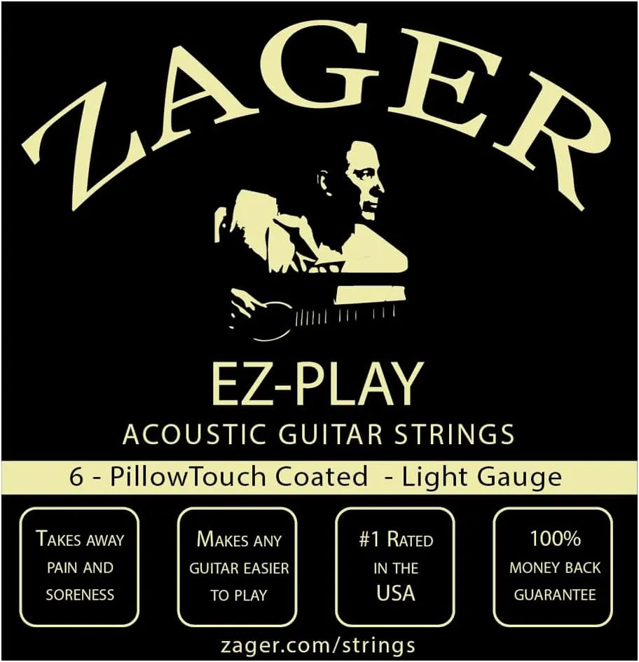 Zager Easy Play Pillow Touch Coated Guitar Strings - Acoustic Guitar Strings - 80/20 Bronze - For 6 String Guitar - Deep Bright Projecting Tone - Custom Light Gauge - Pack of 1