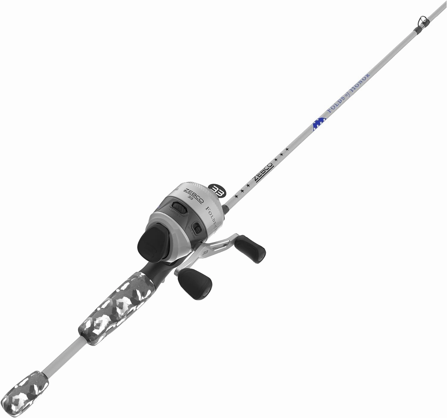 Zebco 33 Folds of Honor Spincast Reel and 2-Piece Fishing Rod Combo, 6-Foot Fiberglass Rod, Quickset Anti-Reverse Fishing Reel with Bite Alert, 1 Dollar Donated to Folds of Honor Foundation,Grey/Black