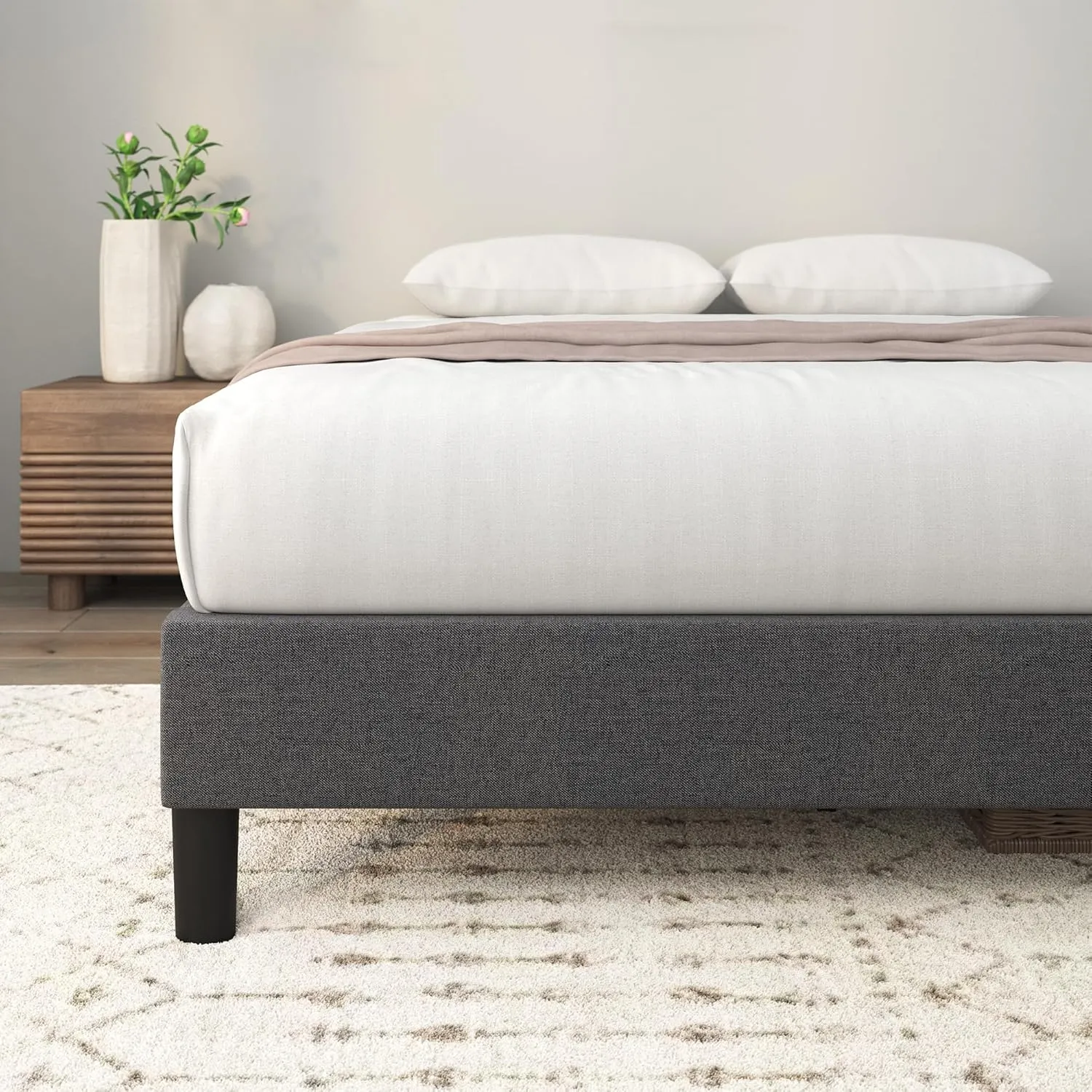 ZINUS Curtis Upholstered Platform Bed Frame, Mattress Foundation, Wood Slat Support, No Box Spring Needed, Eco Friendly WonderBox (TM) Packaging, Dark Grey, Queen