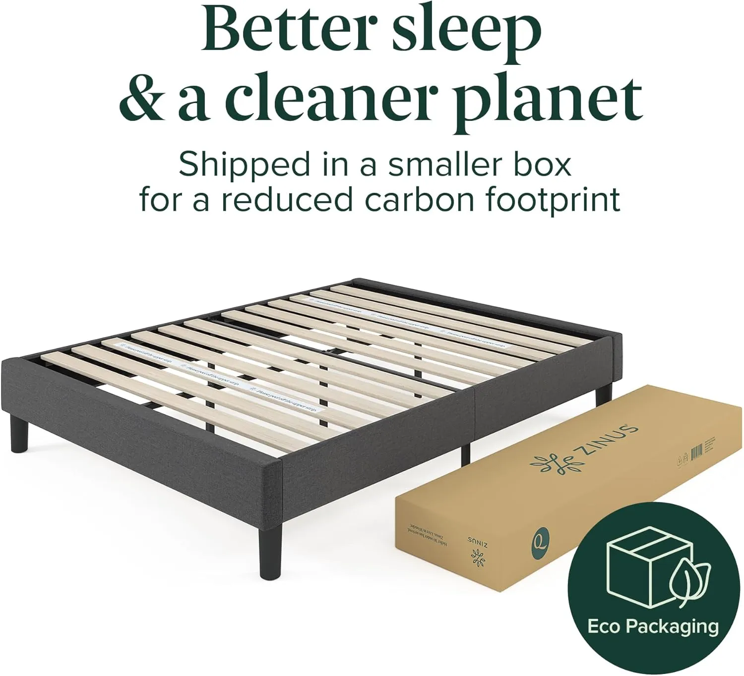 ZINUS Curtis Upholstered Platform Bed Frame, Mattress Foundation, Wood Slat Support, No Box Spring Needed, Eco Friendly WonderBox (TM) Packaging, Dark Grey, Queen