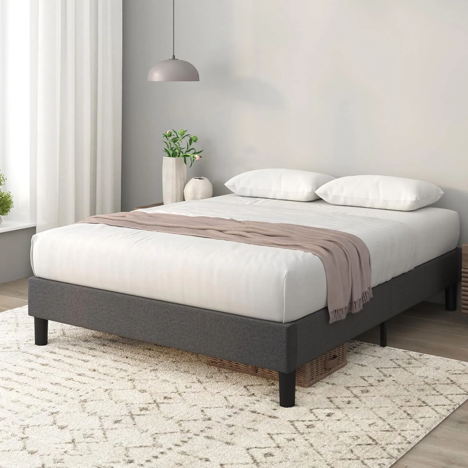 ZINUS Curtis Upholstered Platform Bed Frame, Mattress Foundation, Wood Slat Support, No Box Spring Needed, Eco Friendly WonderBox (TM) Packaging, Dark Grey, Queen