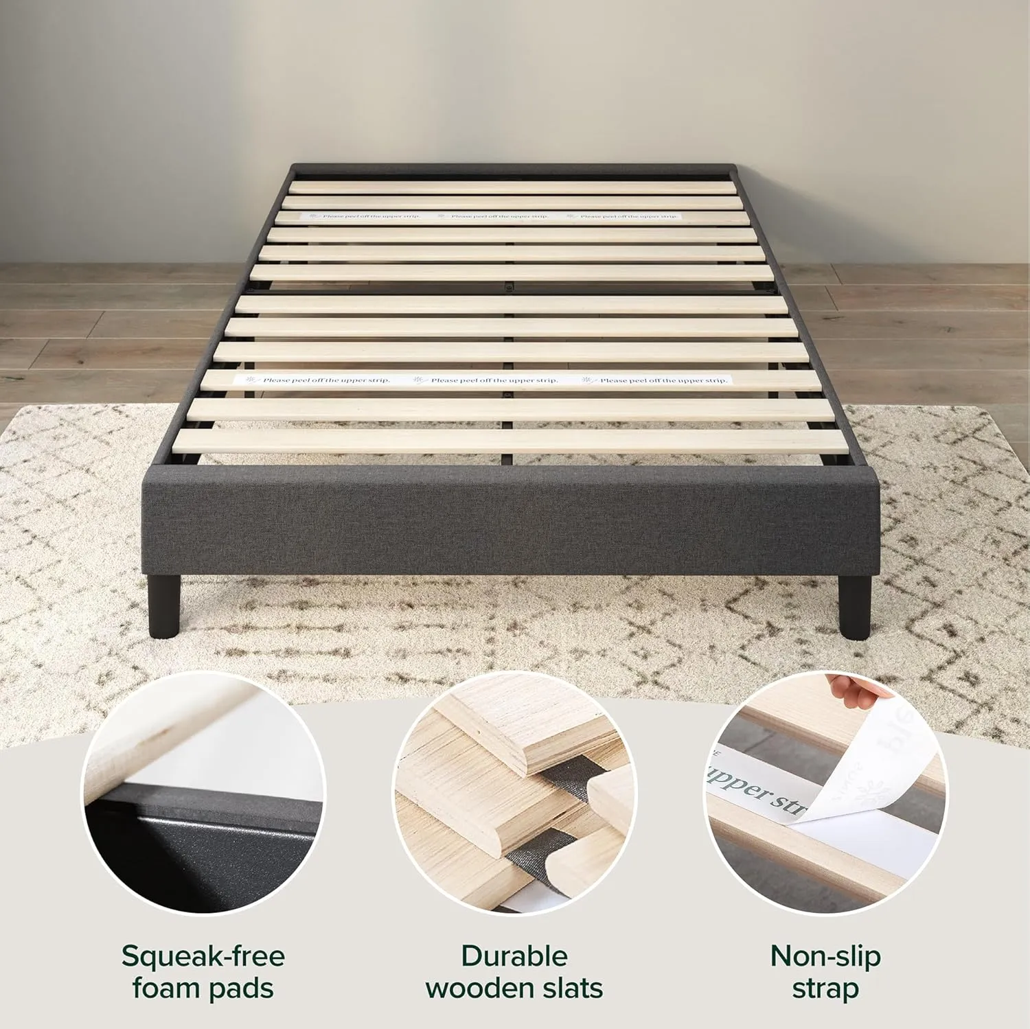 ZINUS Curtis Upholstered Platform Bed Frame, Mattress Foundation, Wood Slat Support, No Box Spring Needed, Eco Friendly WonderBox (TM) Packaging, Dark Grey, Queen