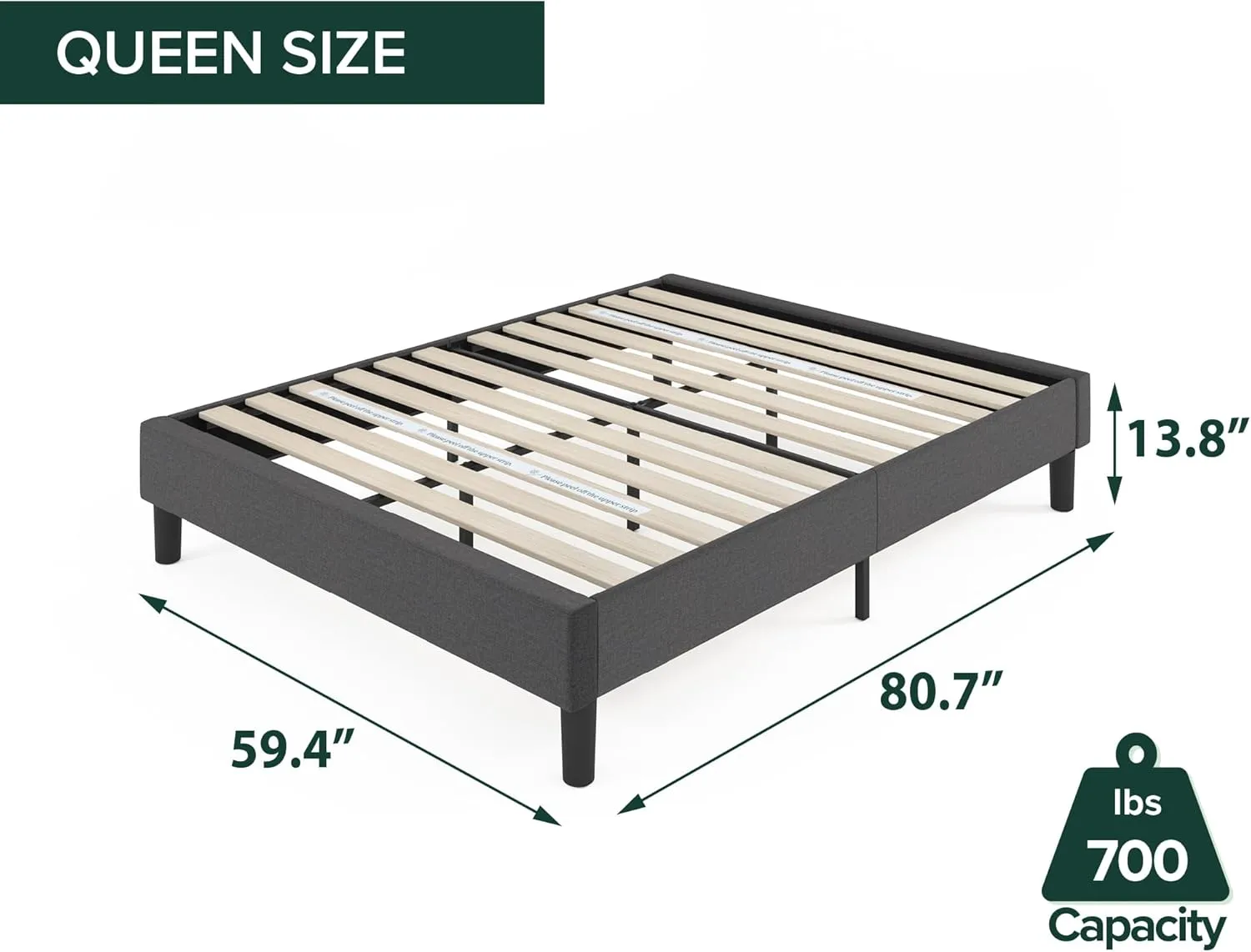 ZINUS Curtis Upholstered Platform Bed Frame, Mattress Foundation, Wood Slat Support, No Box Spring Needed, Eco Friendly WonderBox (TM) Packaging, Dark Grey, Queen