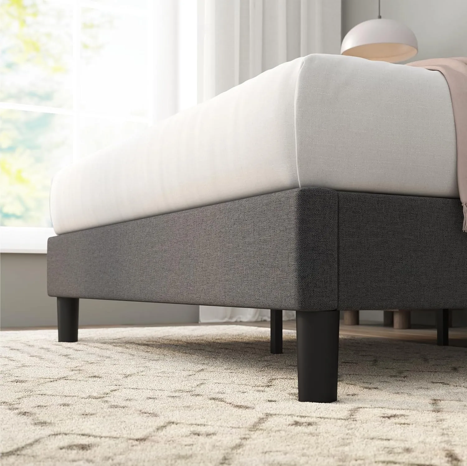 ZINUS Curtis Upholstered Platform Bed Frame, Mattress Foundation, Wood Slat Support, No Box Spring Needed, Eco Friendly WonderBox (TM) Packaging, Dark Grey, Queen