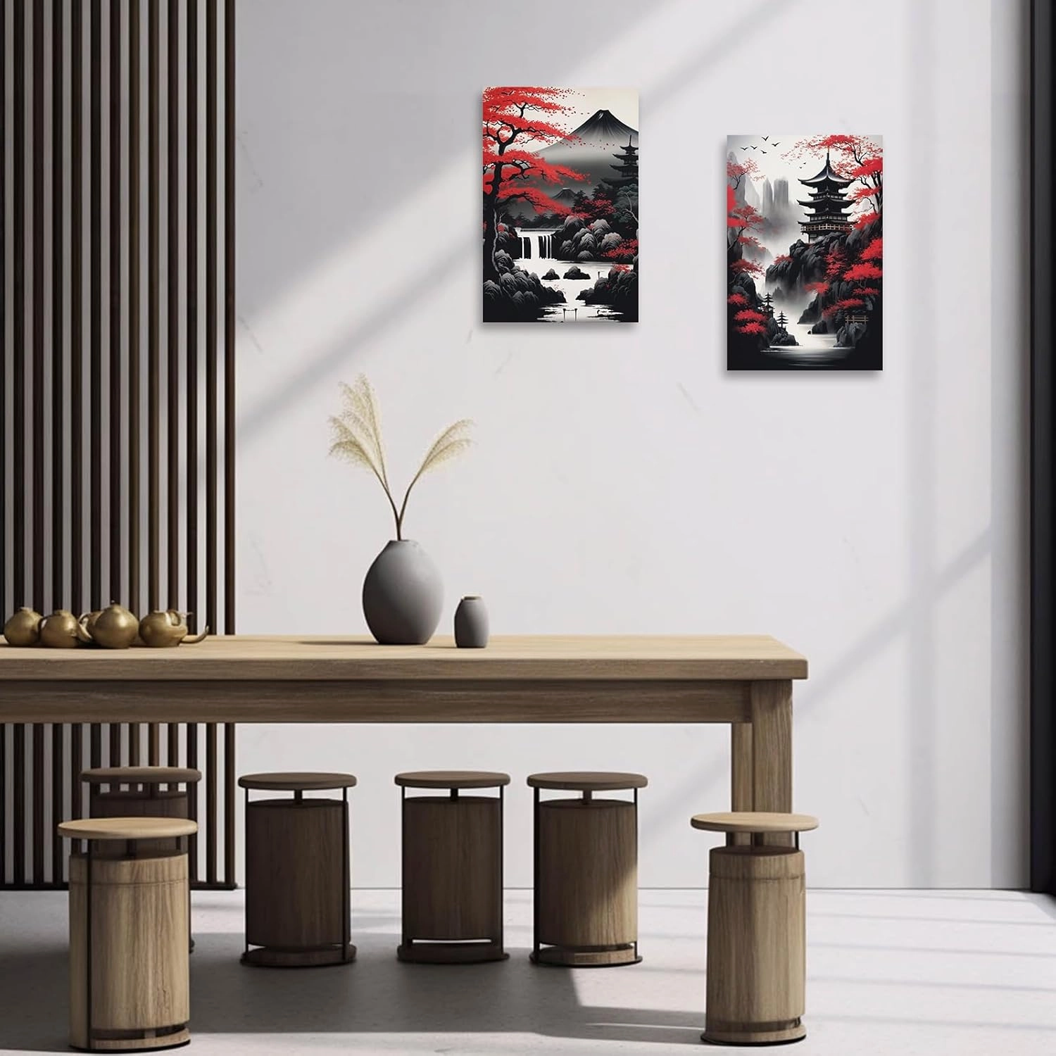 ZXHYWYM Japanese Canvas Wall Art Red and Black Cherry Trees Pagoda Painting Japanese Landscape Poster Prints Japan Themed Artwork Wall Decor(Picture-2, (12.00" x 18.00"))