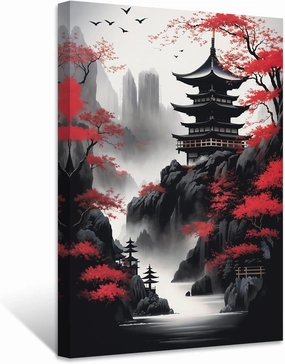 ZXHYWYM Japanese Canvas Wall Art Red and Black Cherry Trees Pagoda Painting Japanese Landscape Poster Prints Japan Themed Artwork Wall Decor(Picture-2, (12.00" x 18.00"))