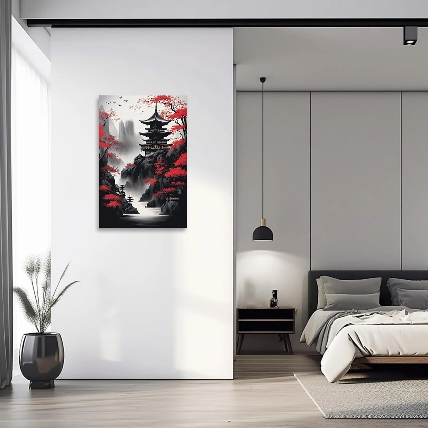 ZXHYWYM Japanese Canvas Wall Art Red and Black Cherry Trees Pagoda Painting Japanese Landscape Poster Prints Japan Themed Artwork Wall Decor(Picture-2, (12.00" x 18.00"))